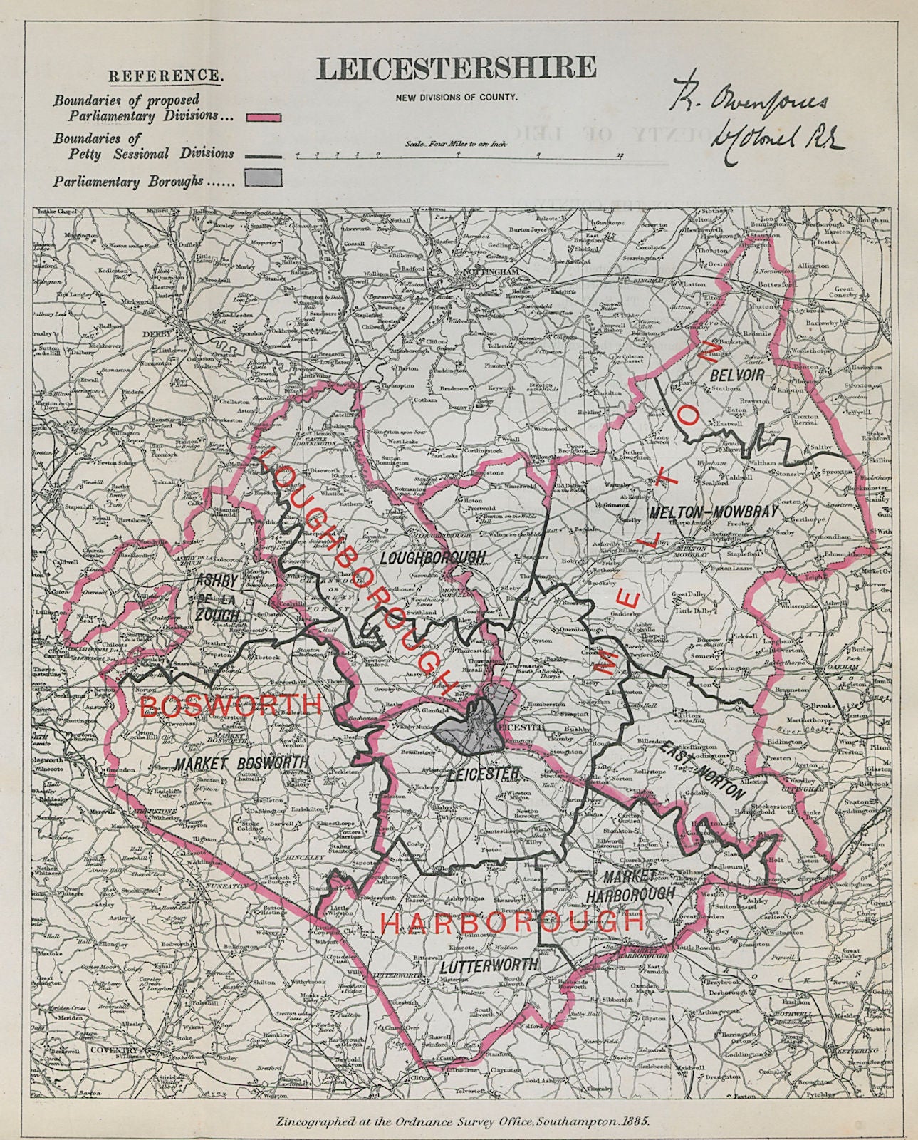 Leicestershire Parliamentary Divisions. Bosworth. BOUNDARY COMMISSION 1885 map